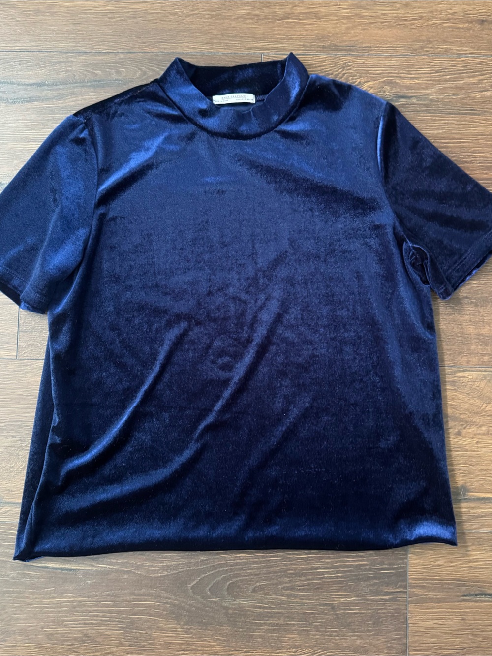Zara Navy Velvet Short-Sleeve Mock Neck Top